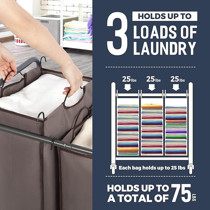 STO STO Laundry Sorter 3 Section, 3 Bag Clothes Hamper, Rolling Laundry Cart Basket with Heavy Duty Lockable Wheels and Removable Bag for Laundry Room, Bedroom, Closet, Brown