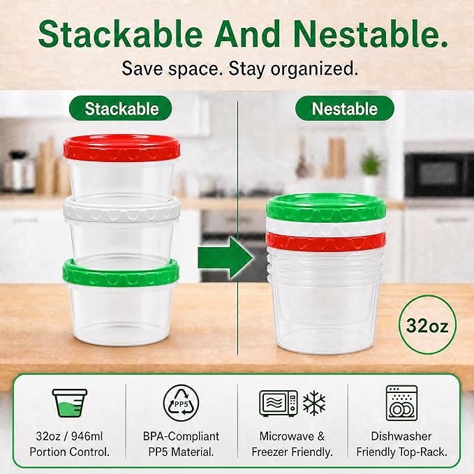 EONJOE 32oz Plastic Containers with Lids,Reusable Freezer Meal Prep Food Leftover Storage Jars Bowls Stackable,12-pack