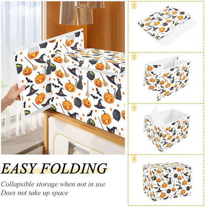 senya Halloween Storage Baskets Collapsible Storage Bins with Lids, Halloween Pumpkin Black Cat Ghost Bat Pattern Storage Boxes Clothes Baskets for Organizing