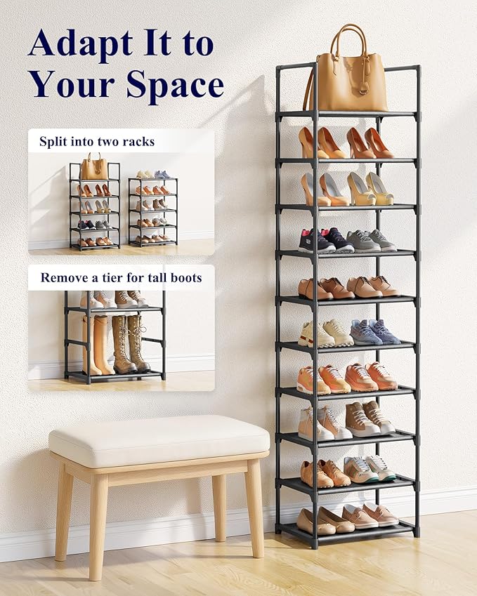 Kitsure Shoe Rack - 10-Tier Shoe Organizer with Detachable Fabric Shelves & Metal Frame, Tall Shoe Rack for Closet, Entryway, Living Room, 16.9" Wide - 10 Tier, Black