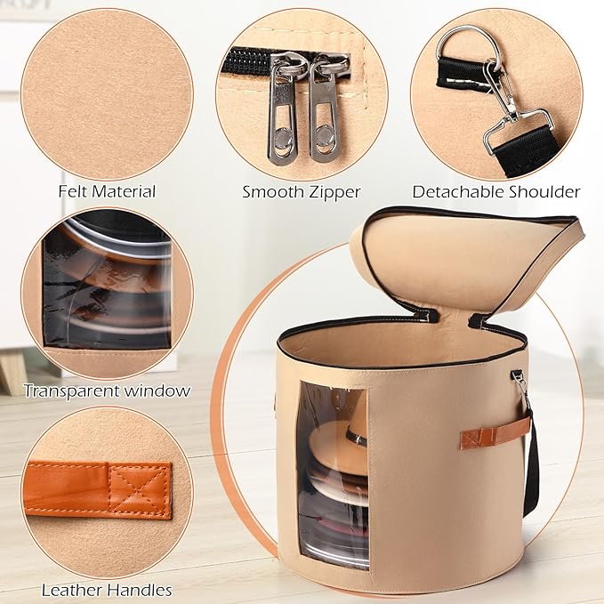 Suzile 4 Pcs Hat Boxes Oversized Round Cowboy Hat Storage Box for Women Men 19" x 17" Cowboy Large Felt Organizer Bag Baseball Cap Container with Dustproof Lid for Clothes Case Travel Gift(Camel)