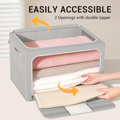 Clothes Storage Bins with Metal Frame Foldable Storage Box Clothes Organizers Storage Containers for Clothes Sheets Blankets Books Toys Gifts and Holiday Decorations (24Lx3 Pack)