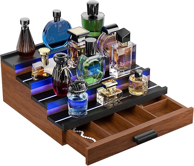 Perfume Cologne Organizer for Men: with LED Light 4 Tier Wooden Perfumes Stand, Desktop Parfum Holder Wood Display Shelf with Cabinet, Bedroom Makeup Lotion Jewelry Storage Rack with Drawer