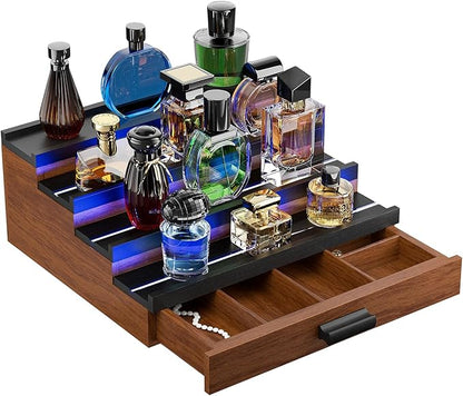 Perfume Cologne Organizer for Men: with LED Light 4 Tier Wooden Perfumes Stand, Desktop Parfum Holder Wood Display Shelf with Cabinet, Bedroom Makeup Lotion Jewelry Storage Rack with Drawer