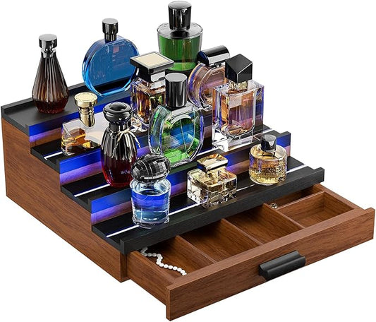 Perfume Cologne Organizer for Men: with LED Light 4 Tier Wooden Perfumes Stand, Desktop Parfum Holder Wood Display Shelf with Cabinet, Bedroom Makeup Lotion Jewelry Storage Rack with Drawer