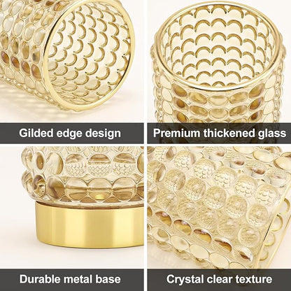 DASITON Makeup Brush Holder Organizer, Crystal Cosmetic Make Up Brush Holder, Glass Makeup Brushes Storage Organizer, Vintage Make Up Cup Desk Pen Pencil Holder, Toothbrush Holders (Yellow S+L)