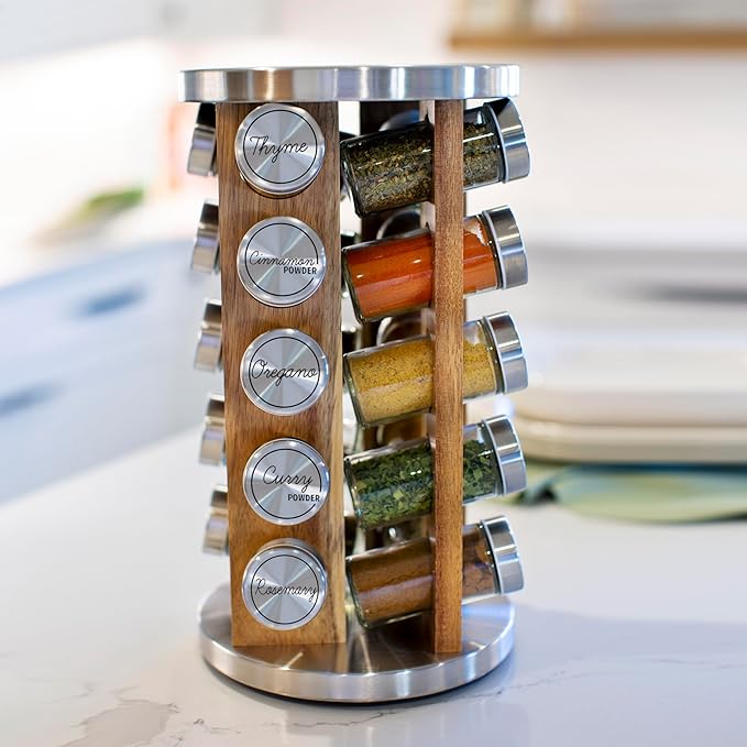Orii 20 Jar Rotating Light Acacia Wood Spice Rack with Spices Included & 5-Year Spice Refill Program – Natural Wood Countertop Spice Rack with Glass Jars