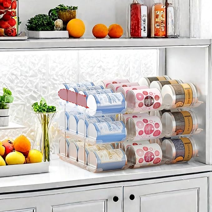 Attelite Can Organizer for Pantry, 3 Sets 3 Tiers Can Storage Organizer Pantry,Soda Can Organizer for Fridge 36 Cans Rack Automatic Rolling Stackable Canned Food Organizer,Clear