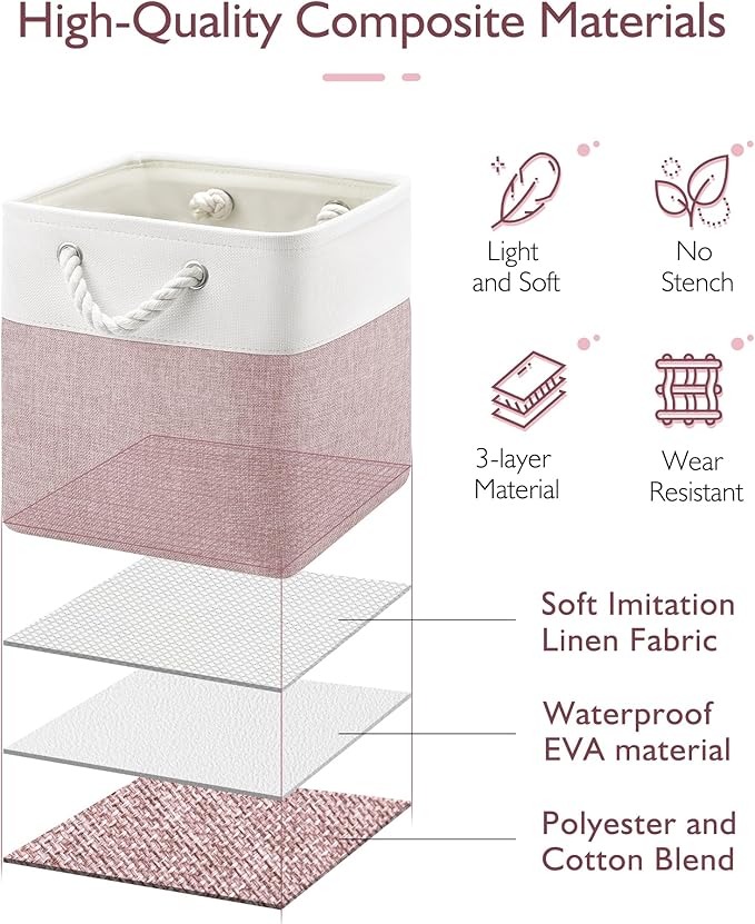 Patvingot 11 Inch Cube Storage Bins, 6 Pack Fabric Storage Cubes with Rope Handles, Organizer Baskets for Closet Shelves, Clothes and Home Organization(White/Pink)