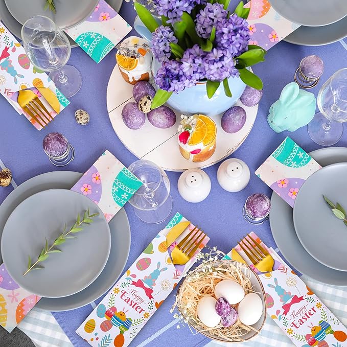FoldTier 100 Pieces Easter Utensil Cutlery Holders Pouch Bags Easter Napkins Set Bunny Egg Silverware Holder Bag Utensil Sleeve Luncheon Napkins Spring Disposable Paper Napkins for Easter Party Table