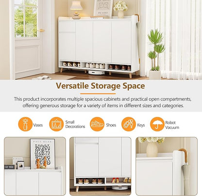 JIVOIT Shoe Cabinet with Adjustable Shelves, Drawer, Sleek and Contemporary Shoe Rack with Solid Wood Legs, Minimalist Home Organizer Storage Sideboard for Entryway, Living Room (White,167)