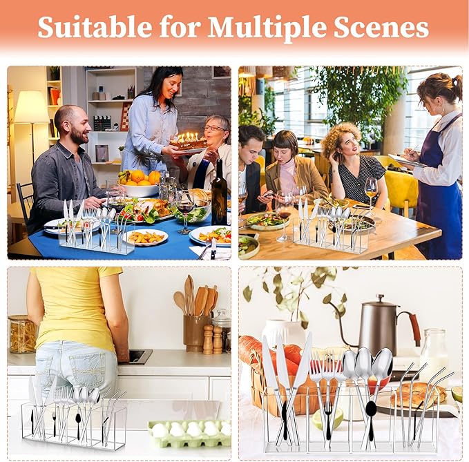 Acrylic Cutlery Storage Organizer Bin with Straw Holder, Clear Acrylic Silverware Caddy Utensil Holder 4 Section Plastic Cutlery Caddy Straw Organizer for Countertop Kitchen Party Buffet Picnic