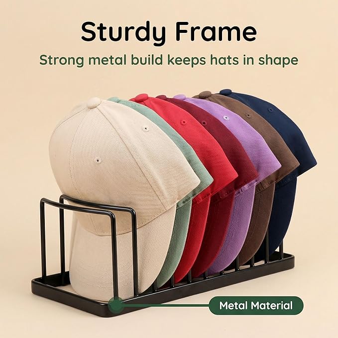 Hat Organizer - Space Saving Hat Stand Holds 10 Caps - Premium Metal Rack for Baseball Caps Display & Organizer - Black