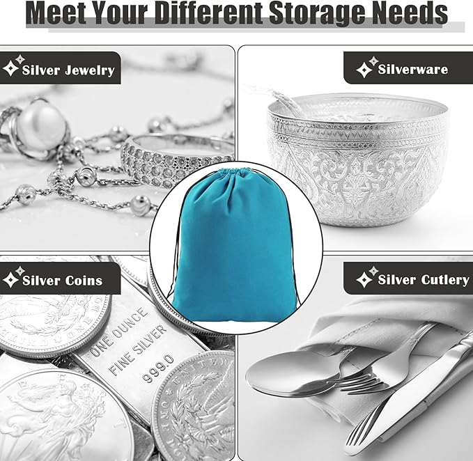 Fumete 8 Pcs Silver Storage Bags Anti Tarnish Storage Bags 18" x 18" 9" x 11.8" Silver Protector for Jewelry Silverware Protection Resistant Tarnish for Silverware Flatware (Peacock Blue)