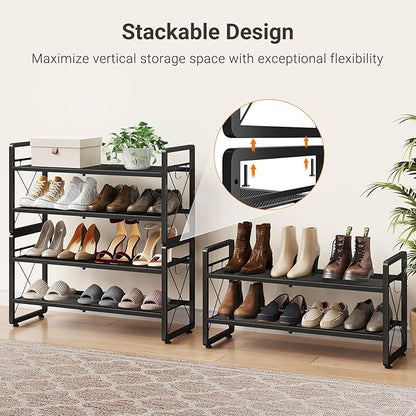 ELYKEN Shoe Rack, 4-Tier Expandable Shoe Organizer for Entryway, Metal Black Shoe Shelf with 8 Hooks, Adjustable Shoe Stand Holder for Closet, Garage, Door Entrance
