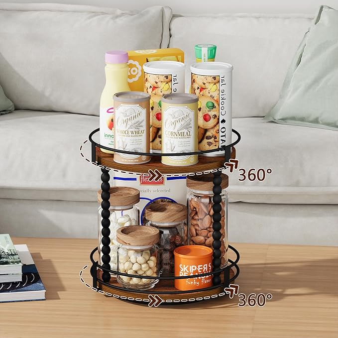 YINMIT Lazy Susan Turntable Organizer, 11.2" Rotating Spice Rack Organizer for Cabinet, Wooden 2 Tier Spinning Spice Rack for Kitchen Countertop, Table Top, Pantry, Bathroom, Brown
