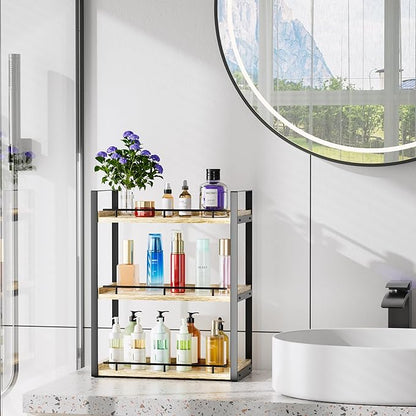Bathroom Counter Organizer, 3 Tier Wood Countertop Shelf for Vanity, Skincare, Makeup, Kitchen Coffee and Sink Storage, with Durable Metal Bracket (Rustic Brown)