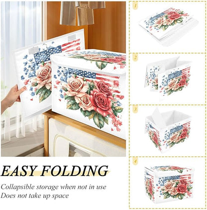 senya July Fourth Baskets Collapsible Storage Bins with Lids, Roses Gypsophila Flag Storage Boxes Clothes Baskets for Organizing