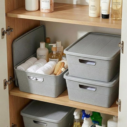 BINO | Plastic Storage Bins with Lids, 13 Liter - 3 Pack, Natural Grey | THE BRAIDED COLLECTION | Plastic Bins for Organization Woven Storage Baskets for Organizing Pantry Shelf Organizer Basket Bin
