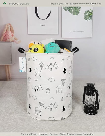 Round Woodland Deer Laundry Basket, Collapsible Laundry Hamper for Kids, Cute Mountain Forest Storage Bin, Waterproof Toy Storage for Nursery, Bedroom, Playroom, New Parent Gift(Forest deer)