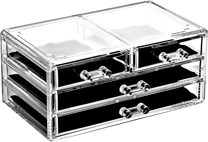 Ikee Design 5 Pcs Set Acrylic Makeup Organizer with 15 Drawers and Removable Top Lipstick Holders, Ideal for Make-up, Accessories,Enhance Your Vanity or Bathroom with Clear Design for Quick Visibility
