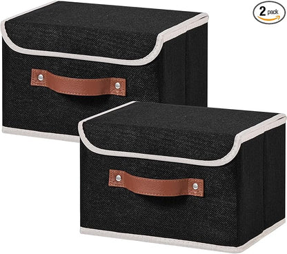 2PCS Storage Bins Box with Lids Decorative Cotton Linen Fabric Baskets Cubes with Handles PP Plastic Board Foldable Washable Lidded Clothing Shelf Closet Organizer Container (Black, Small)