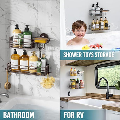 TAILI Shower Caddy Suction Cup 2 Pack with Hooks & Soap Holder, No Drilling Bathroom Organizer with Large Capacity, Heavy Duty Shower Organizer for Bathroom,Metal Storage Basket-Brown