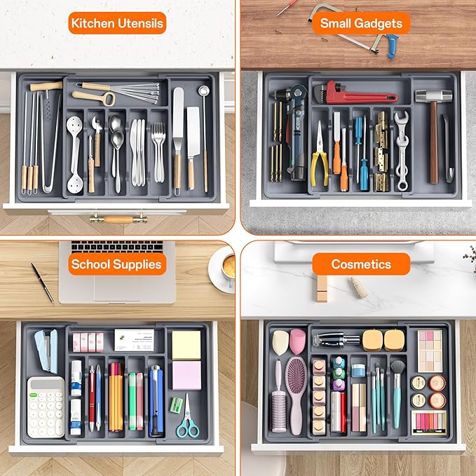 RoomHacks Large Silverware Organizer,Expandable Utensil Drawer Organizer,BPA Free Utensil Holder,Adjustable Silverware Tray Cutlery Drawer Organizer for Kitchen Flatware,Large,Grey,2 Pack