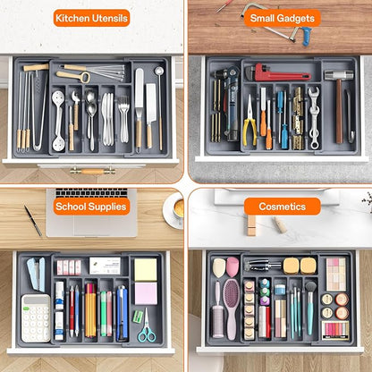RoomHacks Large Silverware Organizer,Expandable Utensil Drawer Organizer,BPA Free Utensil Holder,Adjustable Silverware Tray Cutlery Drawer Organizer for Kitchen Flatware,Large,Grey,2 Pack