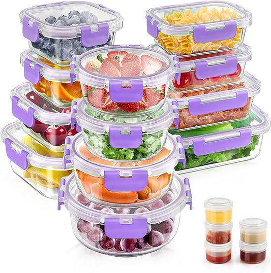 34pcs Glass Food Storage Containers with Lids Set, Airtight Glass Meal Prep Containers (17 Containers & 17 Lids), Leak Proof Lunch Container BPA-Free, Microwave, Oven, Freezer, Dishwasher Safe-Purple