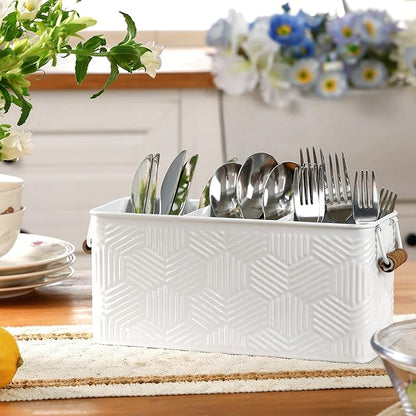 Silverware Caddy for Party Kitchen Flatware Holder for Countertop Metal White Hexagon Stripe Pattern Embossed Cutlery Organizer with 3 Compartments for Utensils, Spoons, Knives, Forks