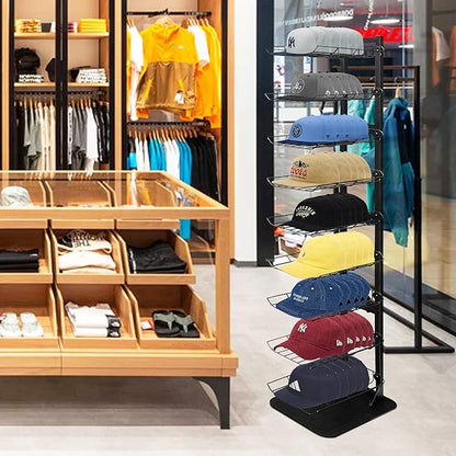 Hat Display 9 Tier, Hat Rack Stand Up to 70 Caps, Metal Hat Stands for Multiple Hats, Commercial Retail Hats Display, Black