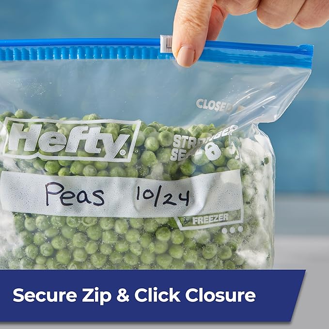 Hefty Slider Quart Freezer Bags, 74 Count, Quart Slider Bags for Freezer, Holds Individual Leftovers, Sliced Fruits and Veggies, and More, Writable Label, Secure Zip and Click Closure