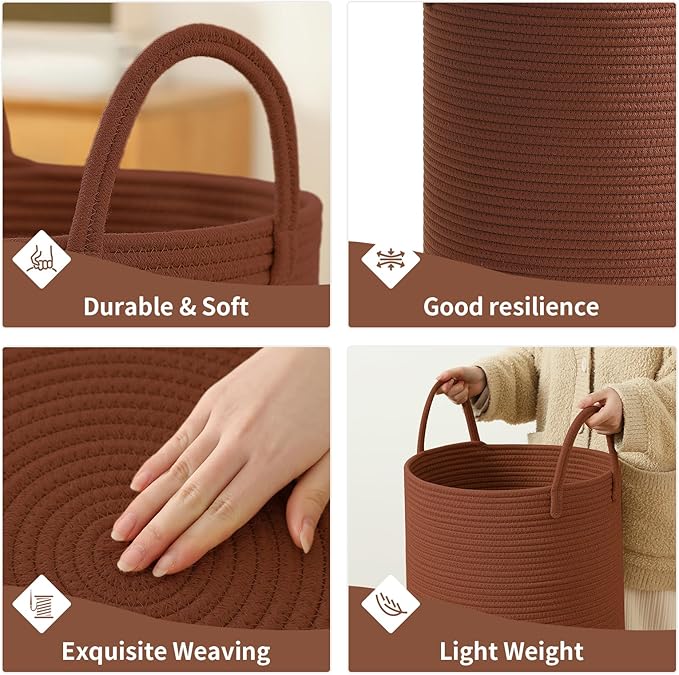 Laundry Basket Hamper Tall Rope Storage Woven for Blanket toys Dirty Clothes in Living Room Bathroom Bedroom (Dark Brown, 80L/21.3Gal)
