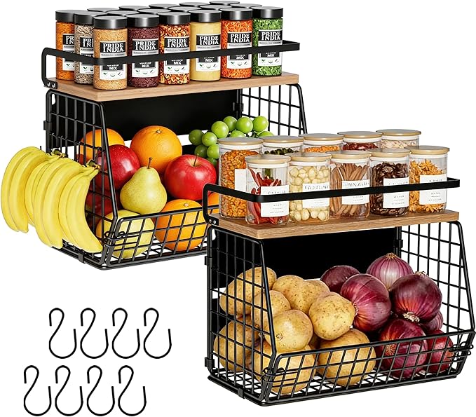 Fruit Basket 2 IN 1 Magnetic & Hanging Wall Produce Basket with Spice Rack for Potato and Onion Storage for Pantry,Kitchen Countertop and Fridge Organizer 2 PCS