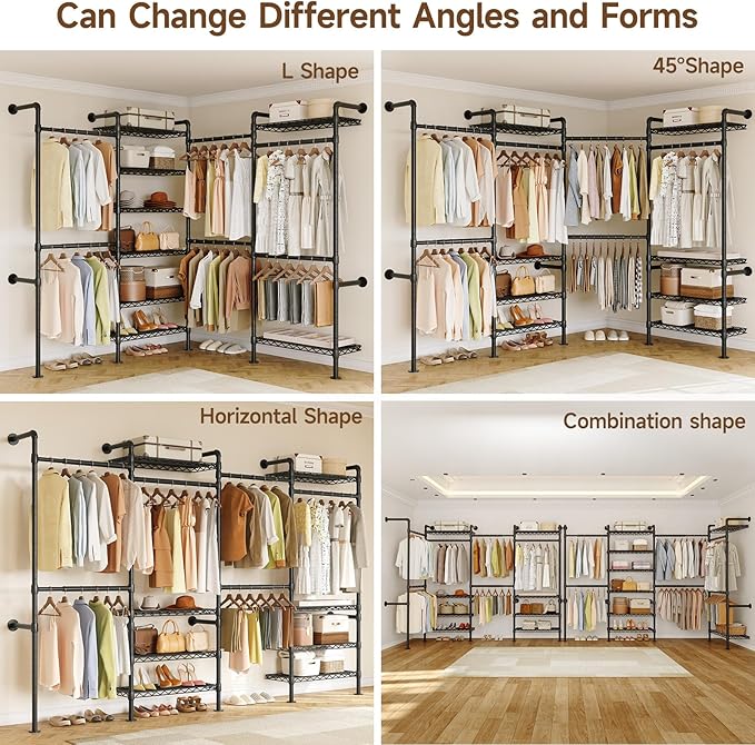 ONBRILL L4 Wall Mounted Industrial Pipe Clothing Rack, Closet Organizer System with 6 Hanging Clothes Rods ( 4 Expandable Rods) & 8 Shelves, Heavy Duty Corner Garment Rack, Large Wardrobe - Black