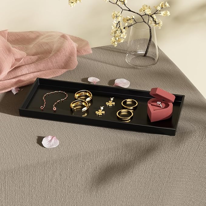 Vanity and Bathroom Tray, 15" ABS Countertop Organizer,Waterproof Vanity Tray for Toilet Tank,Perfume,Soap,Keys,Bathroom Accessories,Kitchen and Bath Trays,Non Slip Small Trays,Black