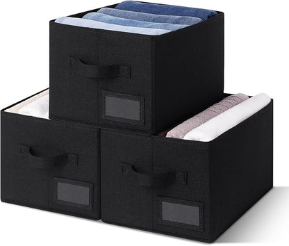 GRANNY SAYS Closet Storage Bins, Fabric Storage Baskets for Clothes, Collapsible Storage Boxes with Handles, Black, Medium, 3-Pack