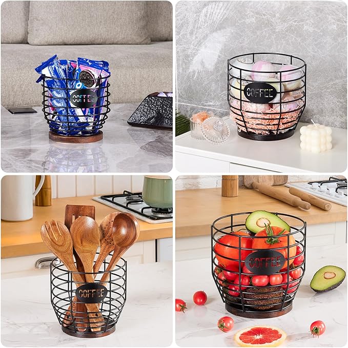 Yangbaga 1pcs Coffee Pod Holder - Large Capacity Black Wire K-Cup Holder With Wooden Base, Modern Basket Bar Decor for Station,Coffee Pods & Capsules, Fruit Snack Storage