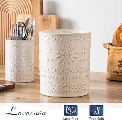 LOVECASA Utensil Holder, 7.2"+5.4" Ceramic Utensil Holder for Countertop, Large Cooking Utensil Crocks for Kitchen Counter, Farmhouse Utensil Vase for Housewarming, Kitchen Decor, Set of 2, Oasis