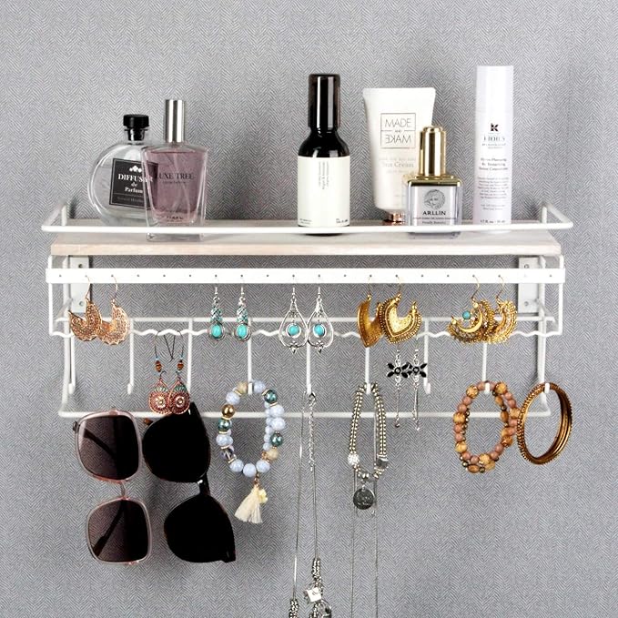 JackCubeDesign Hanging Jewelry Organizer with 9 Hooks, Wall Mount Necklace Earring Bracelet Sunglass Holder with Wood Shelf (White Metal) - MK237D