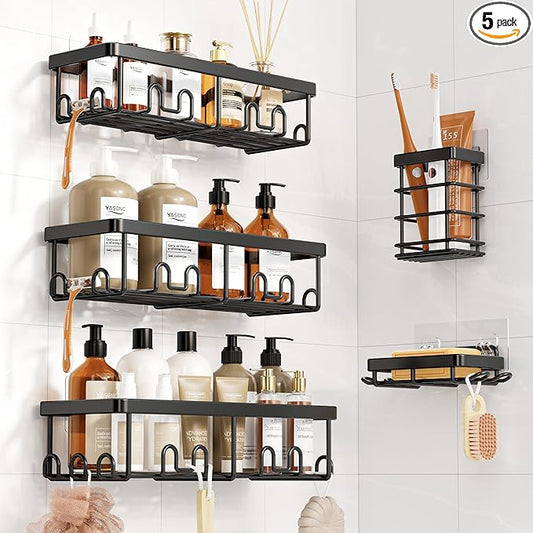 YASONIC Shower Caddy Adhesive, 5 Pack Rustproof Bathroom Shower Organizer, No Drill Shower Shelves for Inside Shower with Soap and Toothbrush Holder, Large Capacity Bathroom Storage for Home Decor