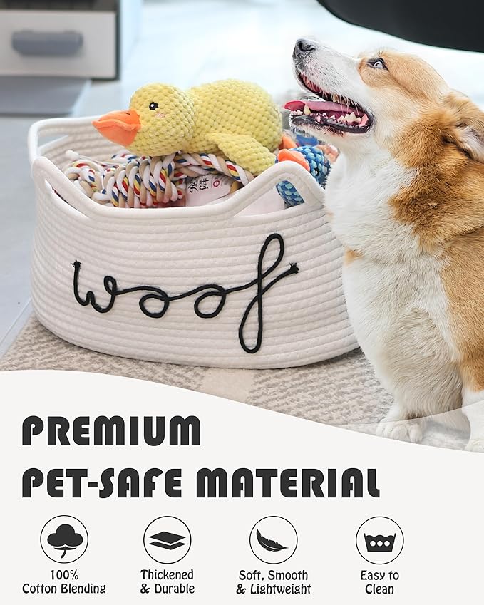 Sea Team Dog Toy Basket with Handles, 16.5 x 11 x 7 Inches, 4.4 Gallons Large Cotton Rope Storage Bin, Box, Shelf Organizer for Pet Chew Toys, Foods, White Woof