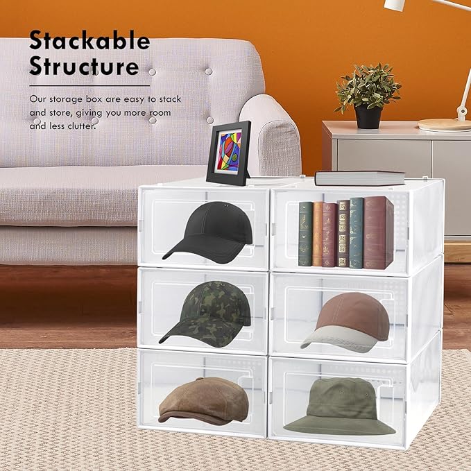 Clear Storage Bins, 6 Pack Stackable Plastic Shoe Boxes with Lids, Ideal for Closet Organization & Display (Medium)