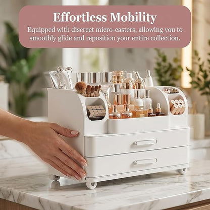 Makeup Organizer with 2 Drawers, Cosmetic Display Case, Storage Holder for Vanity, Bathroom Counter, Desk, Beauty Supplies (All White)