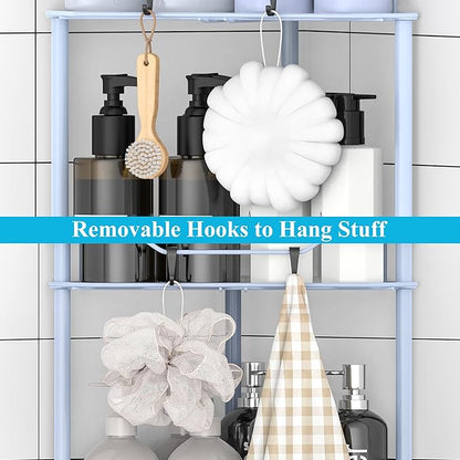 HuggieGems 3 Tier Floor Standing Corner Shower Caddy Organizer Shelf with Hooks, Bathroom Shelves Stand Rack, Blue
