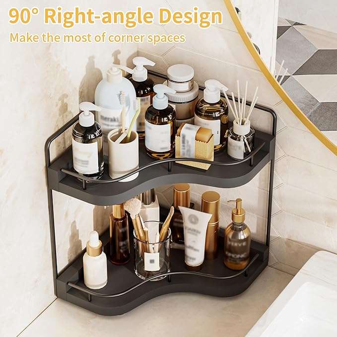 2-Tier Corner Bathroom Counter Organizer with Embedded Screw Holes, Secure & Stable Wood Vanity Shelf for Makeup and Skincare Essentials - Space Saving Bathroom Countertop Storage, Black