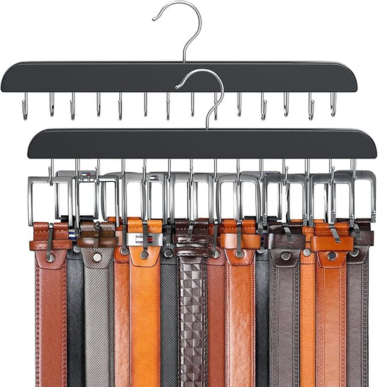 Belt Hanger for Closet, Sturdy Wood Belt Rack Closet Accessories with 14 Hooks Belt Organizer for Closet Organizers and Storage Max 42 Belts-Black 2 Pack