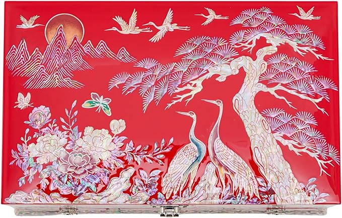 February Mountain Lockable Korean Mother-of-Pearl Jewelry Box - Najeon Chilgi Lacquerware with Crane and Floral Design, Vibrant Red Finish, Handmade