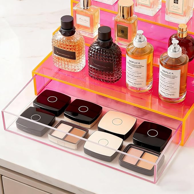 Perfume Organizer for Women Acrylic Perfume Display Shelf with Drawer 4-Tier Makeup Stand for Vanity Cosmetic Display Case, Neon Pink